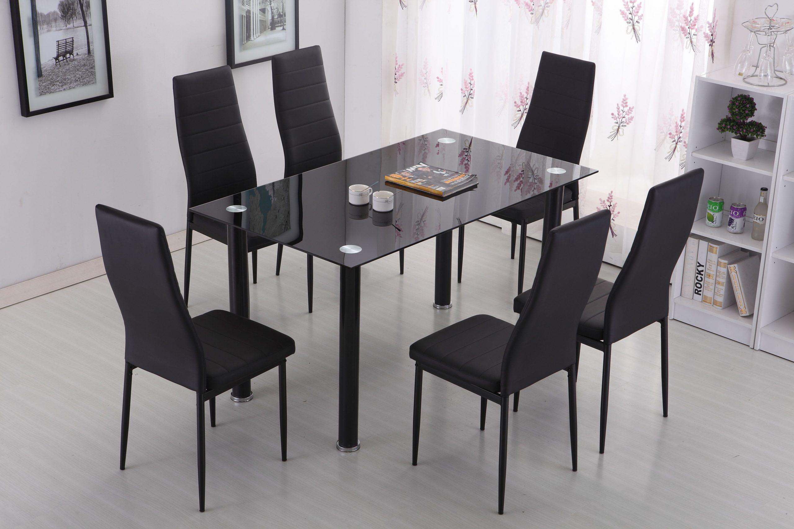 Rectangle Dining Table and Chairs Set Tempered Glass PU Leather Modern